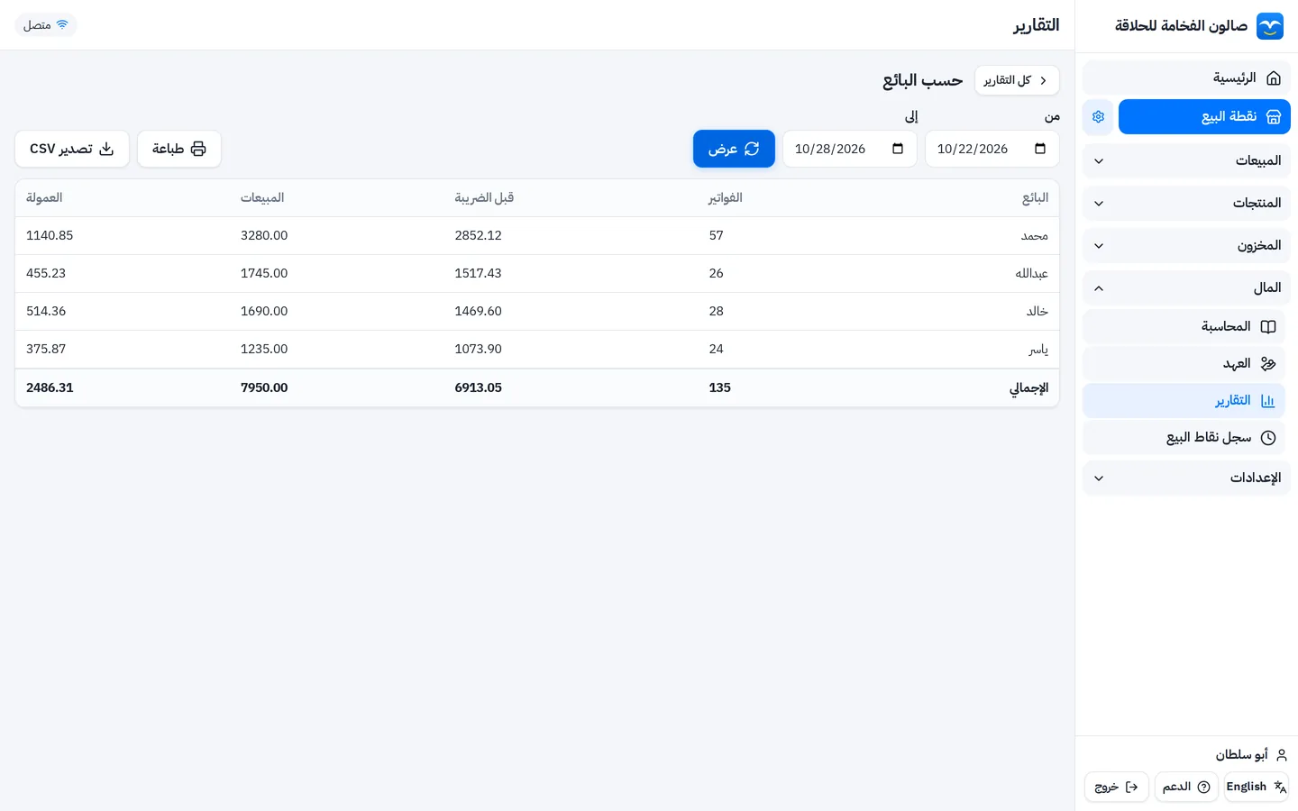 تقرير مبيعات وعمولة كل حلاق: عدد الفواتير والمبيعات قبل الضريبة والعمولة لآخر 7 أيام