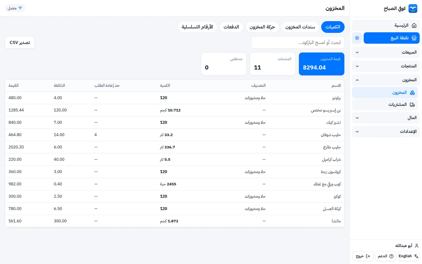 مخزون الكافيه: البن بالكيلو والحليب باللتر والأكواب بالحبة تنخصم مع كل مشروب حسب الوصفة