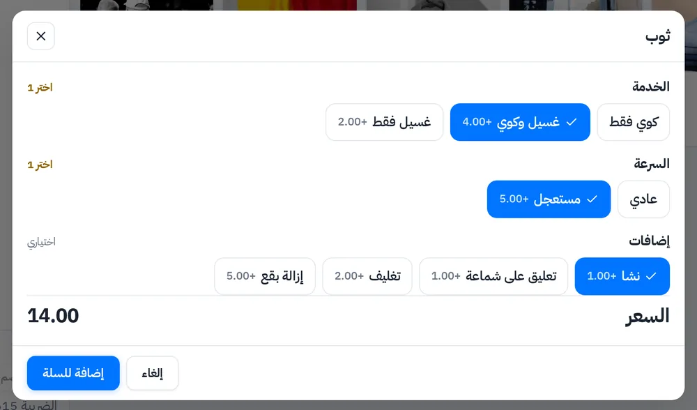 اختيار الخدمة في كاشير المغسلة: غسيل وكوي أو كوي فقط أو غسيل فقط، عادي أو مستعجل، وإضافات نشا وتعليق وتغليف وإزالة بقع